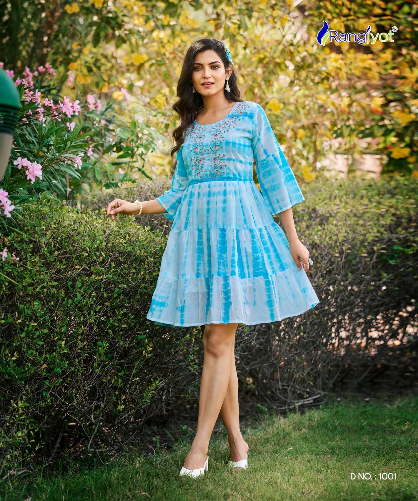 RICHGIRL MULL COTTON SEQUENCE, EMBROIDERY AND HANDWORK FANCY TUNICS WITH SHADES OF SHIBORI PRINT BY RANGJYOT BRAND 1001